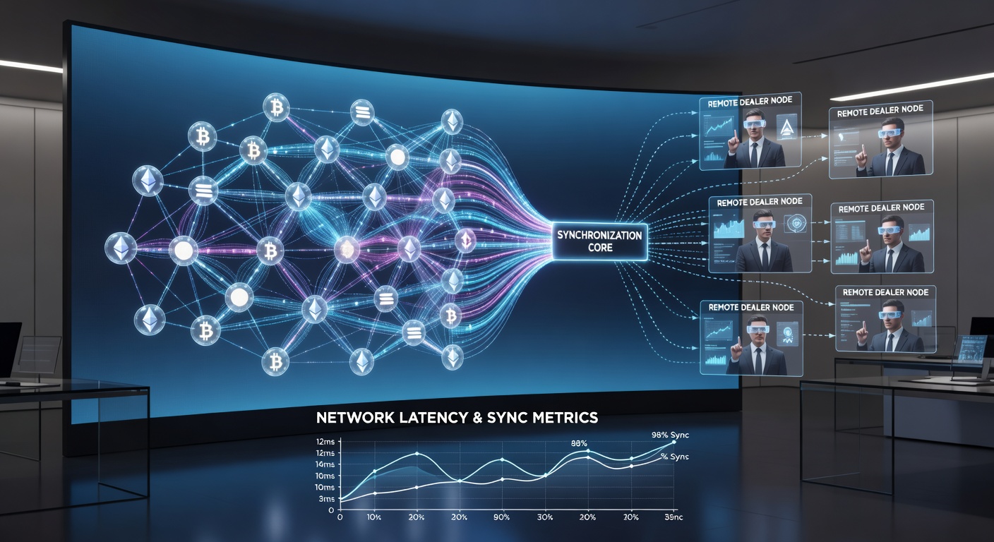 Cryptocurrency network visualization showing blockchain nodes connected to remote dealer interfaces in a live gaming environment