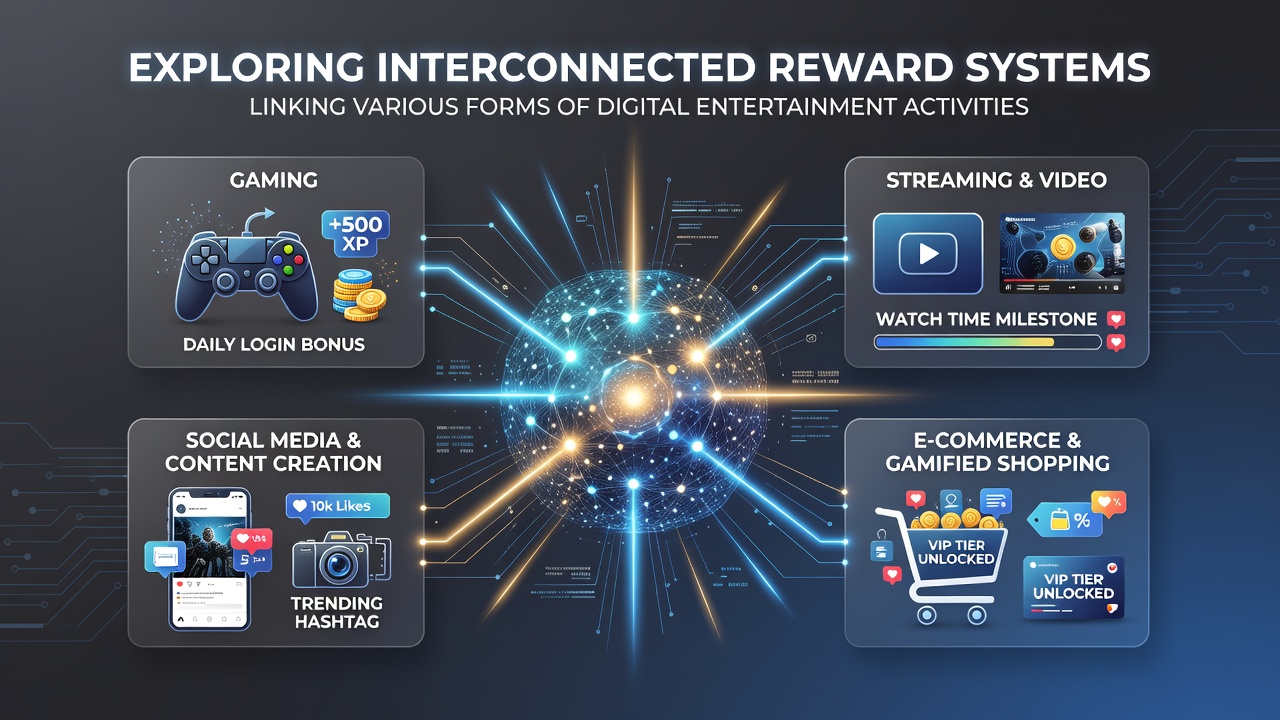 Digital entertainment platforms displaying interconnected reward interfaces across gaming and streaming services