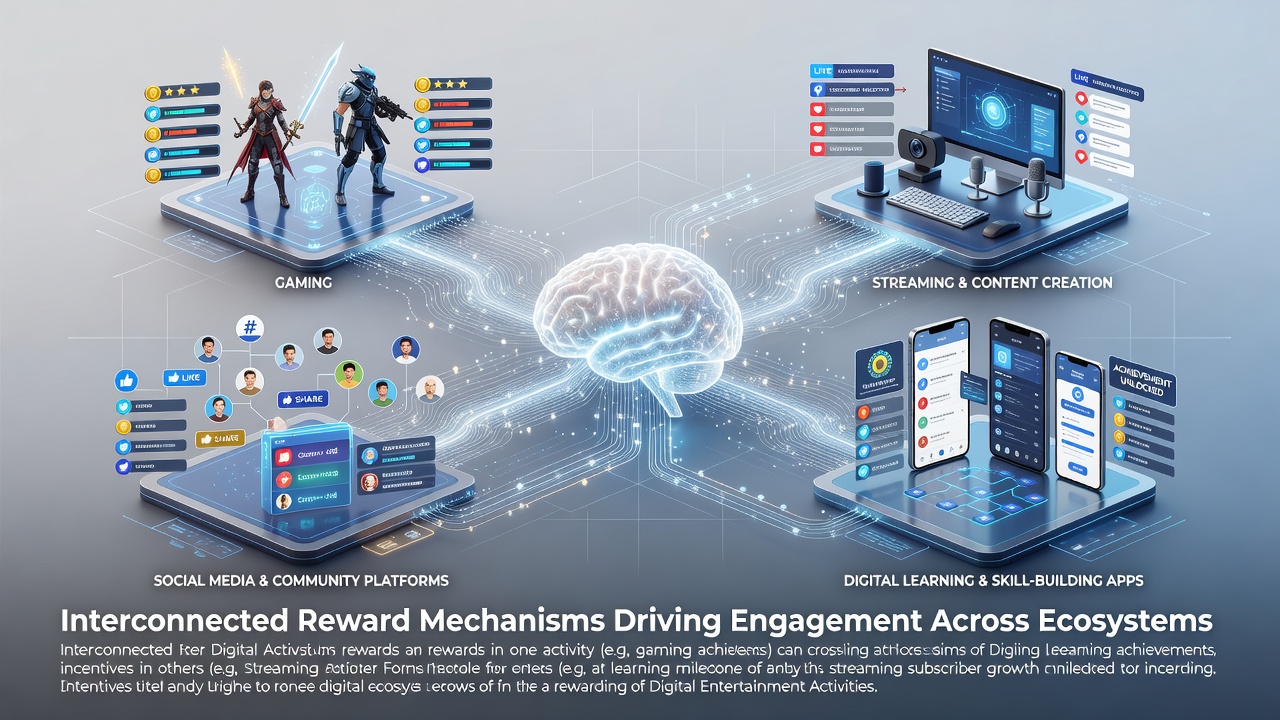 Illustration of linked reward points moving between gaming consoles, streaming apps, and mobile devices