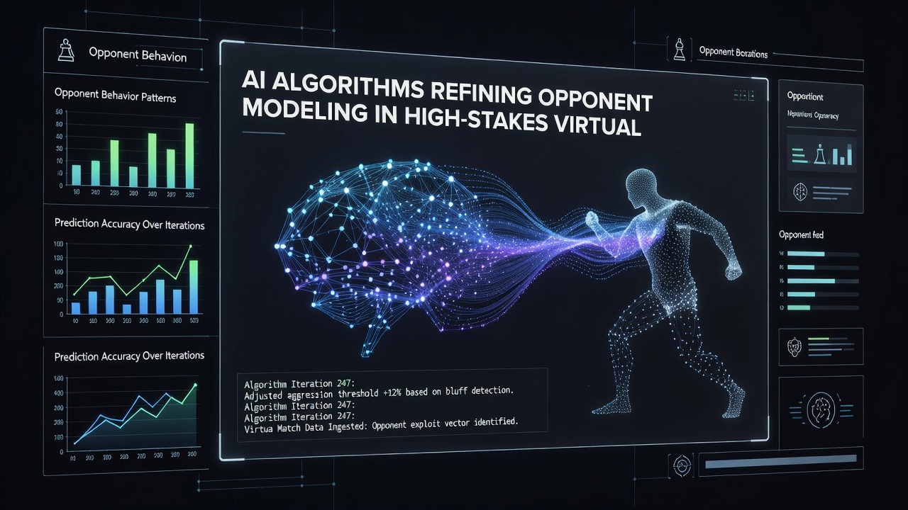 Virtual poker table interface displaying AI-driven opponent analysis during a high-stakes game
