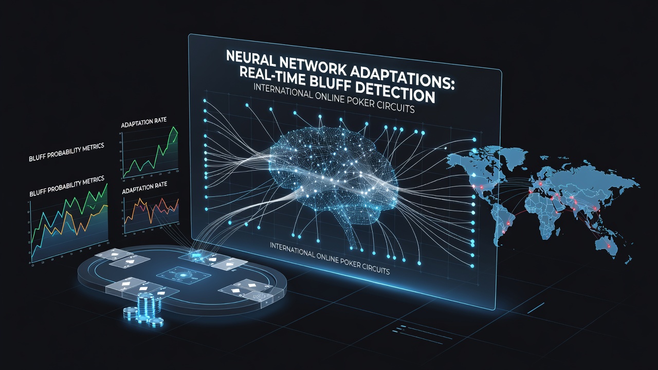 Neural network visualization showing real-time bluff detection layers in online poker interfaces with player data streams