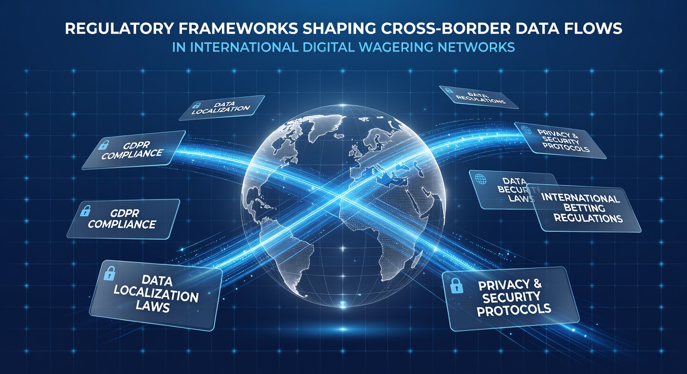 Illustration of global digital wagering networks with data flow arrows crossing international borders under regulatory oversight