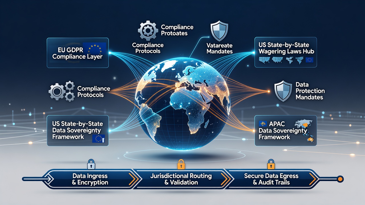 Network diagram showing encrypted data pathways between international wagering servers and regulatory compliance checkpoints