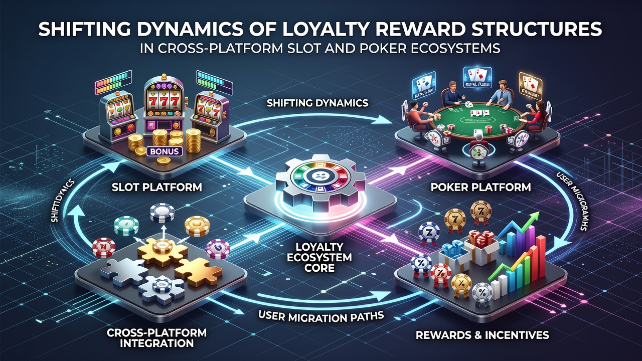 Cross-platform loyalty rewards dashboard showing integrated slot and poker point systems across mobile and desktop interfaces
