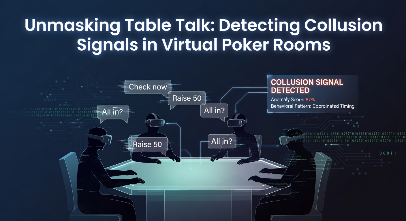 Digital poker table displaying suspicious player interactions and detection overlays highlighting collusion patterns