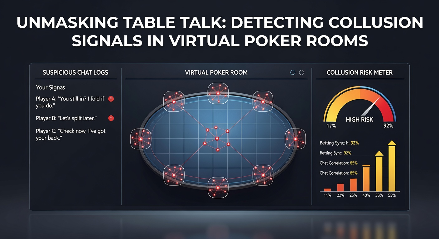 AI dashboard analyzing poker hand histories, with heatmaps showing collusion clusters and flagged player networks
