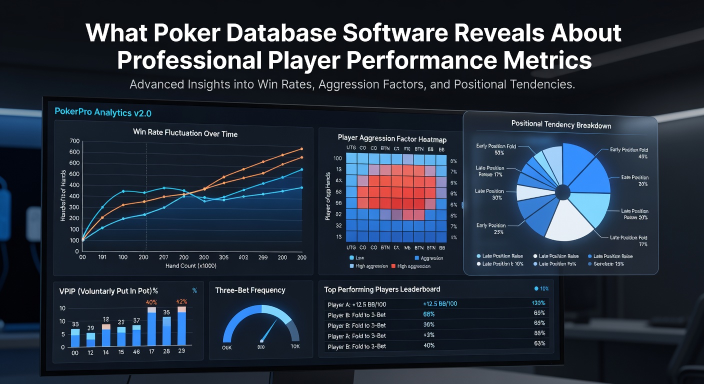 Poker database software interface displaying professional player performance metrics and hand history analysis