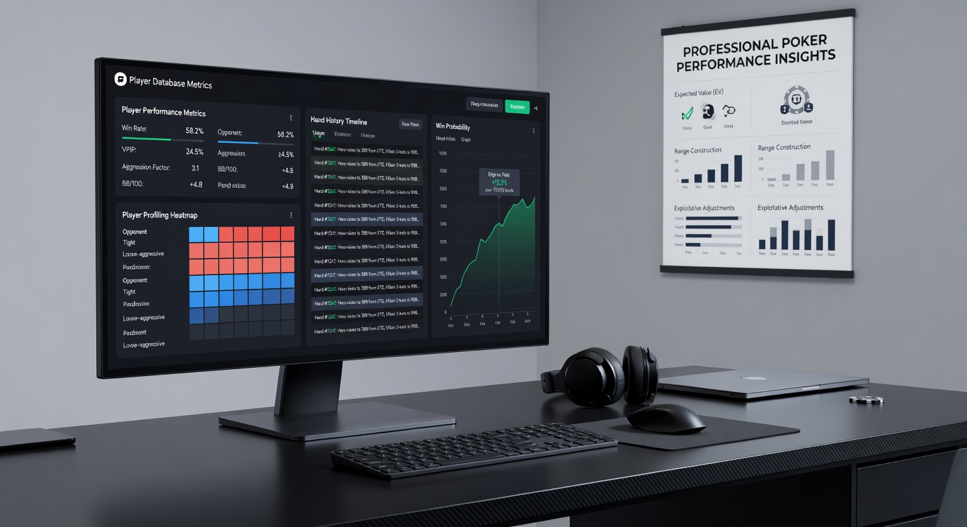Detailed poker analytics dashboard with graphs of win rates and aggression metrics for professional players